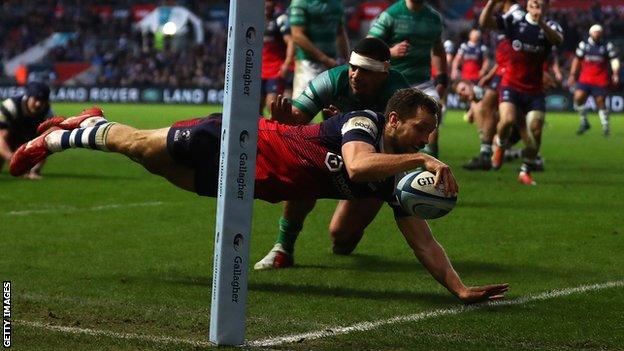 Luke Morahan scores Bristol's third try v Newcastle