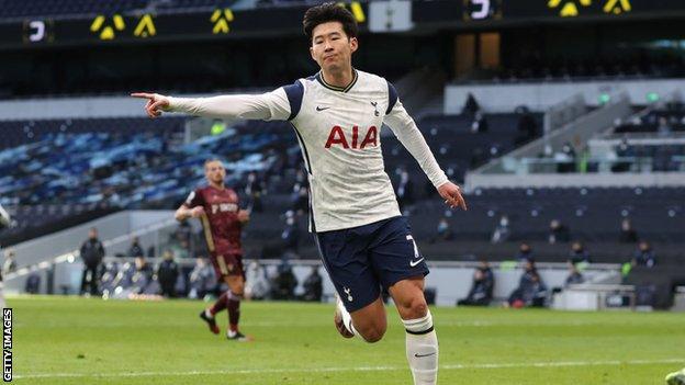 Son Heung-min celebrates scoring against Leeds