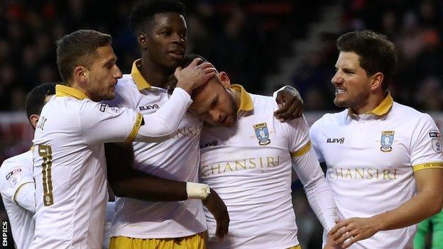 Sheffield Wednesday's players celebrate their second goal against Nottingham Forest