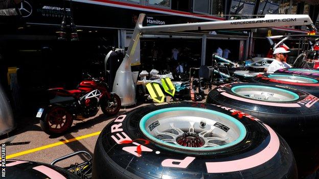 Pirelli tyres outside the Mercedes garage