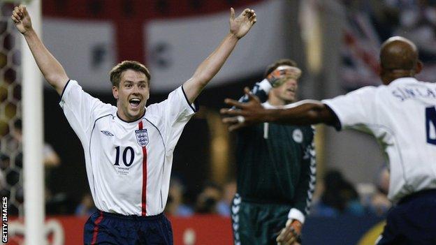 Michael Owen celebrates after scoring for England in their 3-0 win over Denmark in the last 16 of the 2002 World Cup