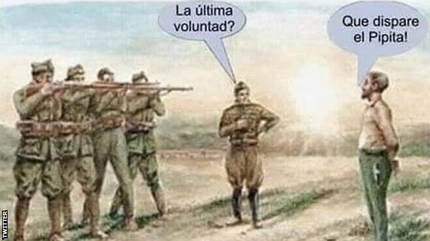 Cartoon showing a firing squad about to shoot. A speech bubble reads: "Any last requests?" and the reply is: "For Higuain to shoot."