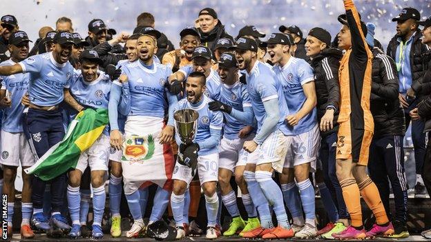 NYCFC celebrate beating Philadelphia Union to win the Eastern Conference final and reach the MLS Cup