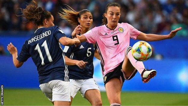 Caroline Weir playing for Scotland against Argentina