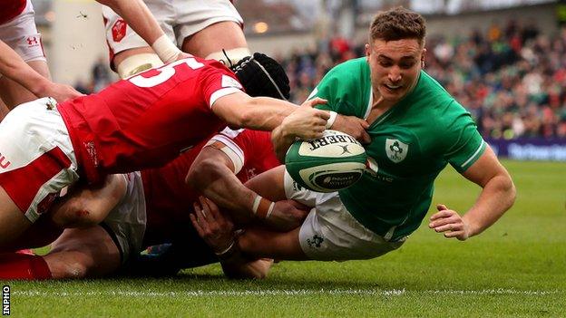 Jordan Larmour scores a try in the Six Nations game against Wales in February