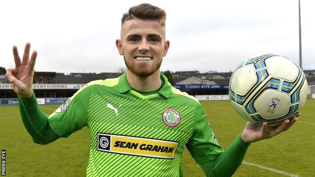 Rory Donnelly celebrates his hat-trick in the Premiership victory over Dungannon Swifts