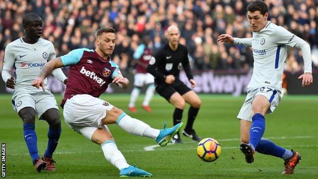 West Ham forward Marko Arnautovic shoots against Chelsea