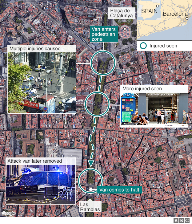 Map showing the location of the Barcelona attack and those injured