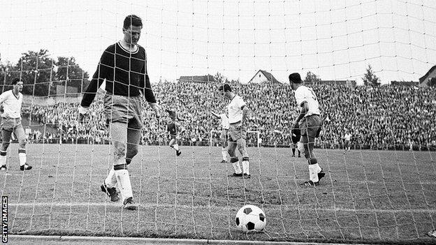 Tasmania Berlin goalkeeper Heinz Rohloff during a 5-0 defeat by Borussia Monchengladbach