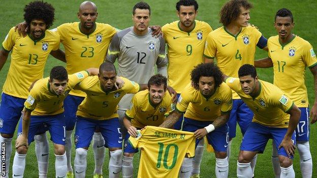 Brazil team with a Neymar shirt before the semi-final against Germany