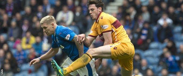 Ben Heneghan tackles Rangers striker Martyn Waghorn