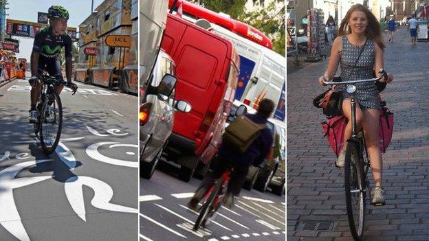 Tour de France 2015 Utrecht, cyclist in traffic, and Ellen Leach-Hutchings riding a bike in the Netherlands