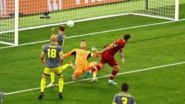 Roma's Nicolo Zaniolo scores against Feyenoord in the Europa Conference League final