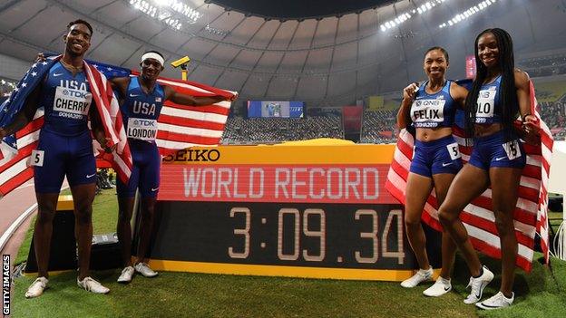 Allyson Felix and her 4x400m mixed relay team-mates celebrating gold and a world record