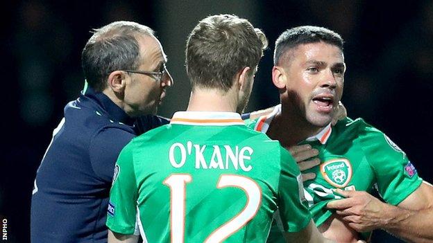 Martin O'Neill tries to calm Jonathan Walters are some vigorous Moldovan challenges late in the game