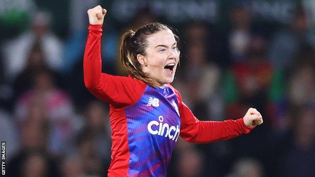 England spinner Mady Villiers celebrates taking a wicket