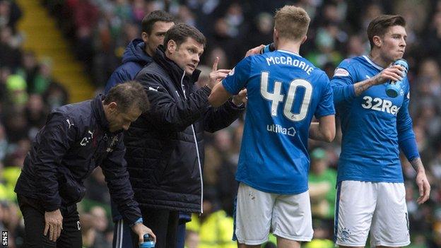 Rangers manager Graeme Murty with Ross McCrorie and Josh Windass