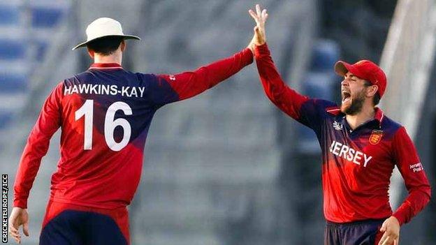 Jersey celebrate a wicket against Oman