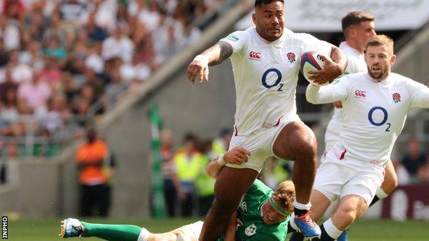 Ireland's Josh van der Flier attempts to halt England's Manu Tuilagi in Saturday's World Cup warm-up game