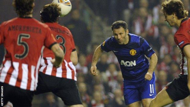 Ryan Giggs heads the ball at Bilbao in March, 2012