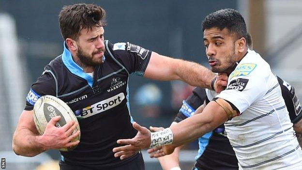 Glasgow Warriors centre Alex Dunbar (left) in action against Cardiff Blues