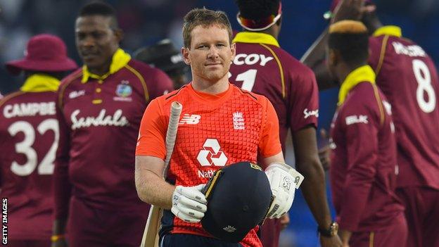 England captain Eoin Morgan walks off after victory over West Indies