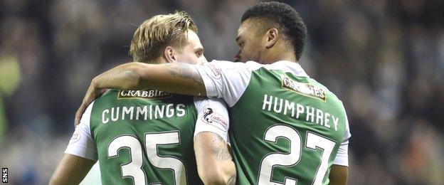 Jason Cummings and Chris Humphrey celebrate a Hibs goal