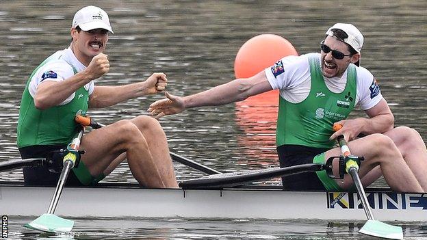 Philip Doyle and Irish team-mate Ronan Byrne celebrate qualifying for the Tokyo Olympics