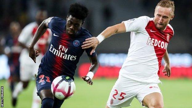 Timothy Weah playing for PSG against Monaco