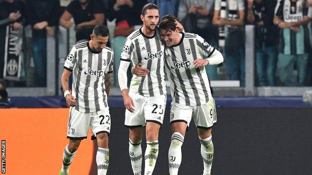 Juventus celebrate opening the scoring against Maccabi Haifa