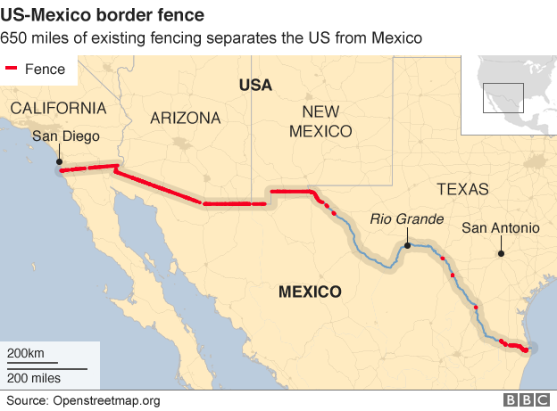 Map showing where there is already a fence between the US and Mexico border