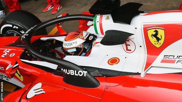 Kimi Raikkonen testing the halo in his Ferrari