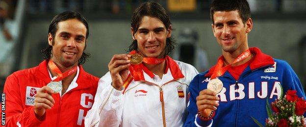 Fernando Gonzalez, Rafael Nadal and Novak Djokovic on the podium at Beijing 2008