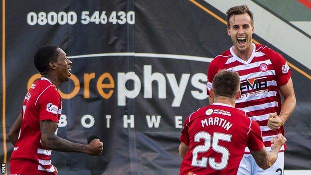 Fredrik Brustad (right) celebrates scoring for Hamilton against St Mirren