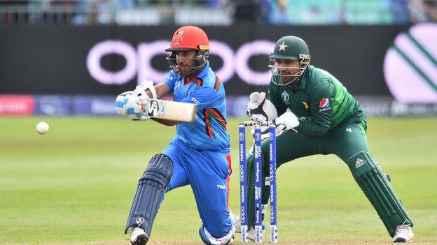 Hashmatullah Shahidi batting for Afghanistan against Pakistan at Bristol