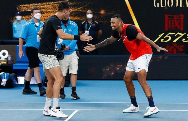 Nick Kyrgios and Thanasi Kokkinakis celebrate winning their doubles match