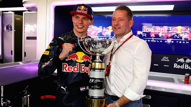 Max Verstappen with his dad, Jos, celebrate his first win in Formula 1 in 2016