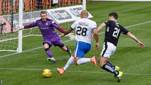 Josh Magennis has a shot for Kilmarnock against Dundee