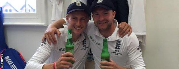 Joe Root celebrates with Adam Lyth