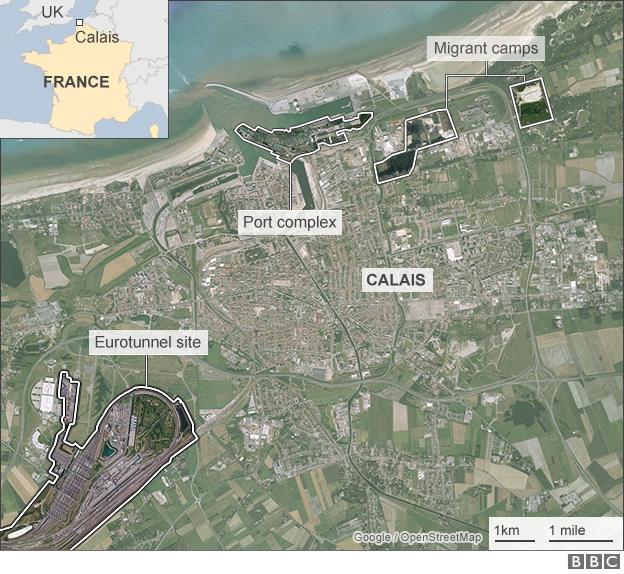 Map showing location of migrant camps in Calais