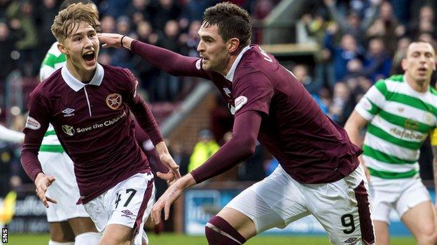 Hearts' scorers Harry Cochrane and Kyle Lafferty celebrate against Celtic