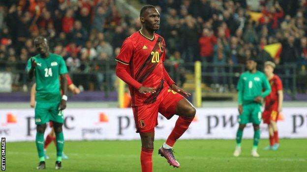 Christian Benteke celebrating a goal for Belgium against Burkina Faso in March 2022