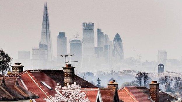 City of London seen in the background of residential street