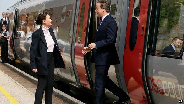 David Cameron coming off train