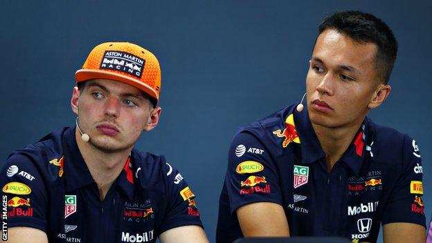 Red Bull drivers Max Verstappen (left) and Alexander Albon