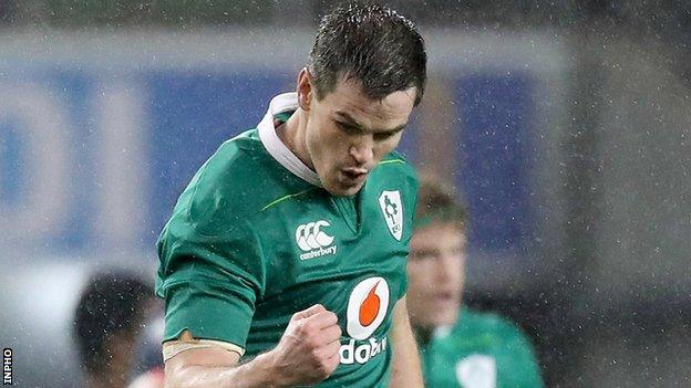 Johnny Sexton shows his delight after slotting a second-half drop goal against France