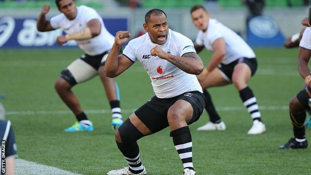 Fiji perform the Cibi, a war dance, before the Test match against the Wallabies in Melbourne on 10 June