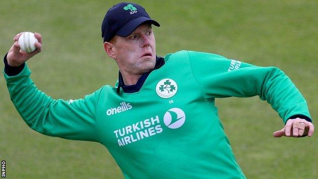 Kevin O'Brien top-scored for Ireland before being dismissed by Kieron Pollard