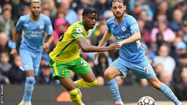 Norwich City defender Bali Mumba in action against Manchester City in the Premier League