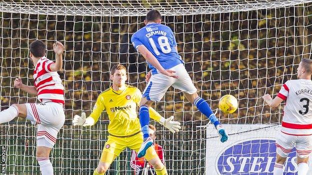 Graham Cummins heads St Johnstone in front at New Douglas Park